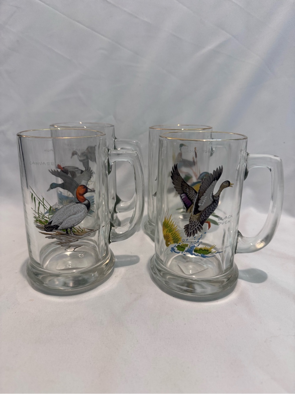 Vintage Ned Smith Waterfowl Duck Mugs Set of 4 Gold Rim Beer Steins Canvasback